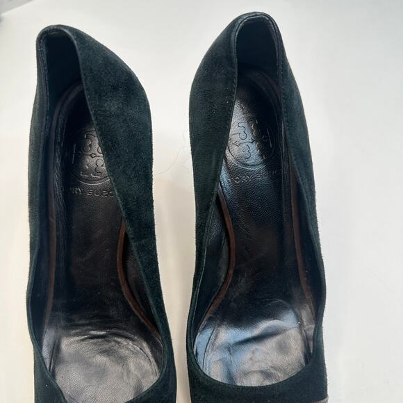 Tory Burch Black Leather Cap Toe Studded Platform Pumps - Picture 2 of 9